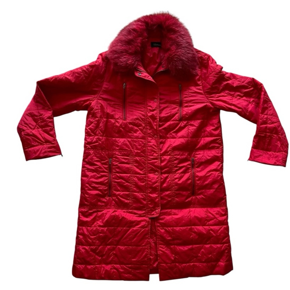 Carissimo Red Long Puffer Jacket With Faux Fur Trim